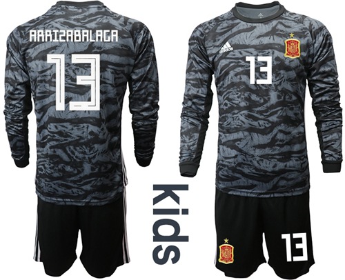 Spain #13 Arrizabalaga Black Long Sleeves Goalkeeper Kid Soccer Country Jersey