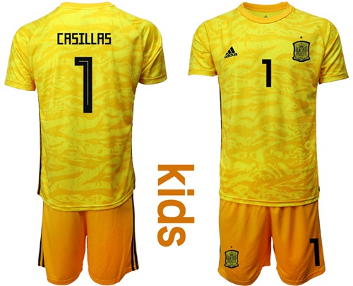 Spain #1 Casillas Yellow Goalkeeper Kid Soccer Country Jersey