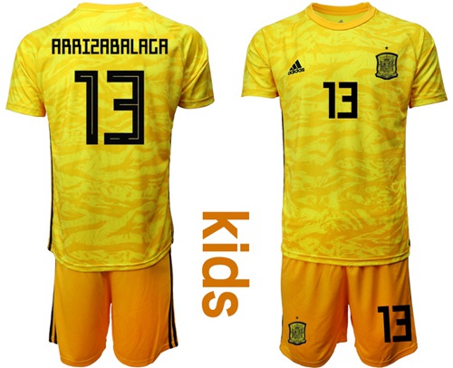 Spain #13 Arrizabalaga Yellow Goalkeeper Kid Soccer Country Jersey