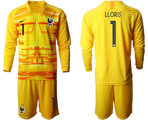 France #1 Lloris Yellow Goalkeeper Long Sleeves Kid Soccer Country Jersey
