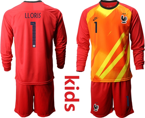 France #1 Lloris Red Goalkeeper Long Sleeves Kid Soccer Country Jersey