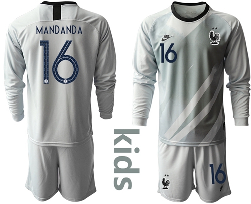 France #16 Mandanda Grey Goalkeeper Long Sleeves Kid Soccer Country Jersey