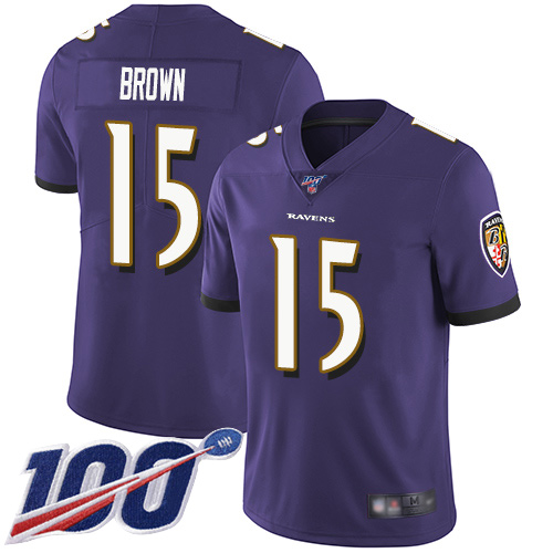 Ravens #15 Marquise Brown Purple Team Color Youth Stitched Football 100th Season Vapor Limited Jersey