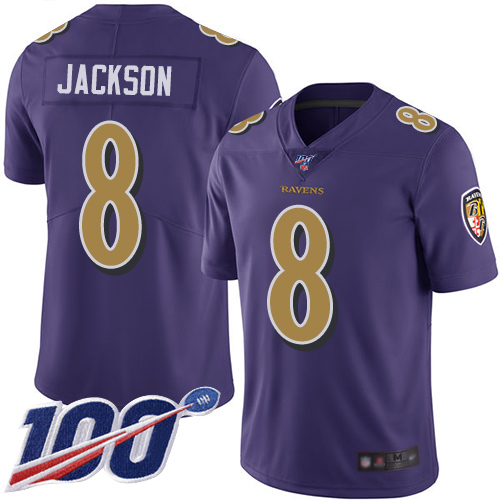 Ravens #8 Lamar Jackson Purple Youth Stitched Football Limited Rush 100th Season Jersey