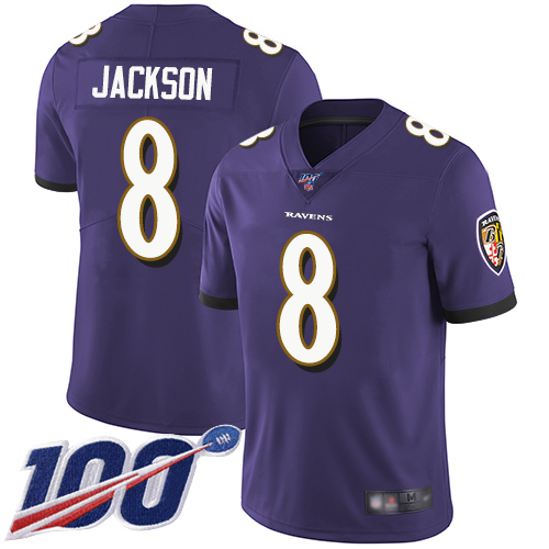 Ravens #8 Lamar Jackson Purple Team Color Youth Stitched Football 100th Season Vapor Limited Jersey