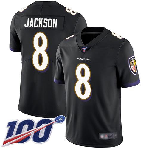 Ravens #8 Lamar Jackson Black Alternate Youth Stitched Football 100th Season Vapor Limited Jersey