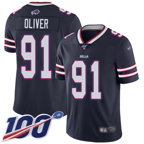 Bills #91 Ed Oliver Navy Youth Stitched Football Limited Inverted Legend 100th Season Jersey