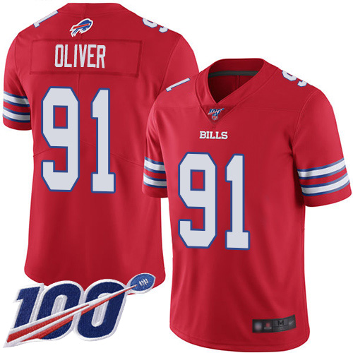 Bills #91 Ed Oliver Red Youth Stitched Football Limited Rush 100th Season Jersey