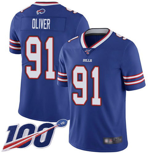 Bills #91 Ed Oliver Royal Blue Team Color Youth Stitched Football 100th Season Vapor Limited Jersey