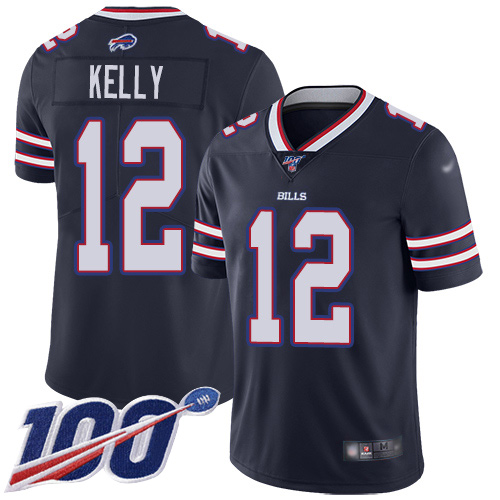 Bills #12 Jim Kelly Navy Youth Stitched Football Limited Inverted Legend 100th Season Jersey