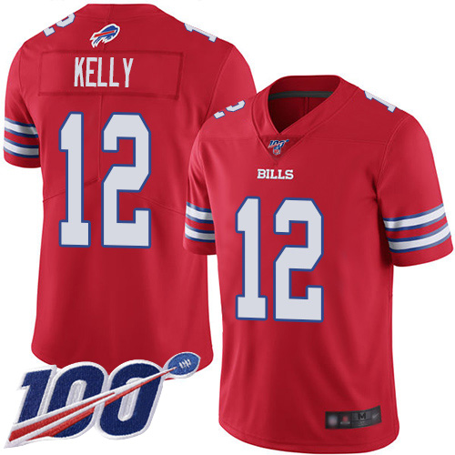 Bills #12 Jim Kelly Red Youth Stitched Football Limited Rush 100th Season Jersey