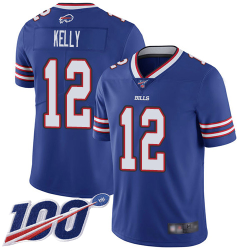 Bills #12 Jim Kelly Royal Blue Team Color Youth Stitched Football 100th Season Vapor Limited Jersey