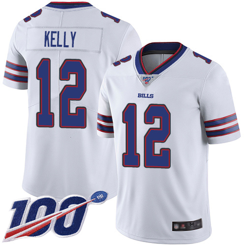 Bills #12 Jim Kelly White Youth Stitched Football 100th Season Vapor Limited Jersey