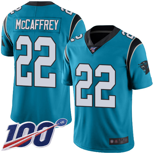 Panthers #22 Christian McCaffrey Blue Alternate Youth Stitched Football 100th Season Vapor Limited Jersey