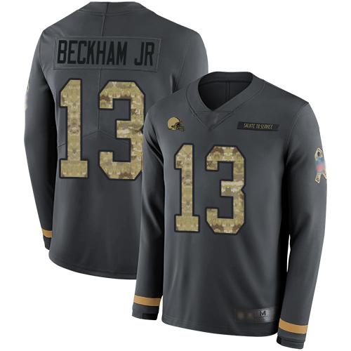 Nike Browns #13 Odell Beckham Jr Anthracite Salute to Service Youth Stitched NFL Limited Therma Long Sleeve Jersey