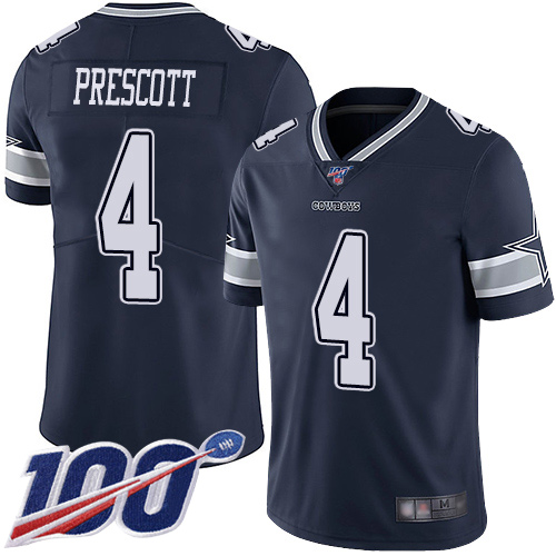 Cowboys #4 Dak Prescott Navy Blue Team Color Youth Stitched Football 100th Season Vapor Limited Jersey