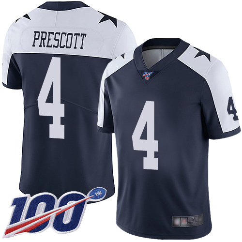 Cowboys #4 Dak Prescott Navy Blue Thanksgiving Youth Stitched Football 100th Season Vapor Throwback Limited Jersey