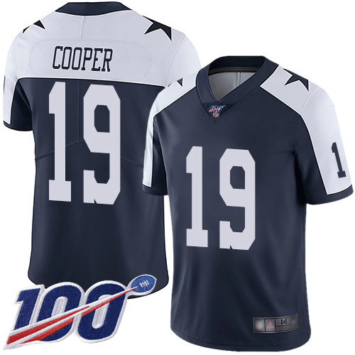 Cowboys #19 Amari Cooper Navy Blue Thanksgiving Youth Stitched Football 100th Season Vapor Throwback Limited Jersey