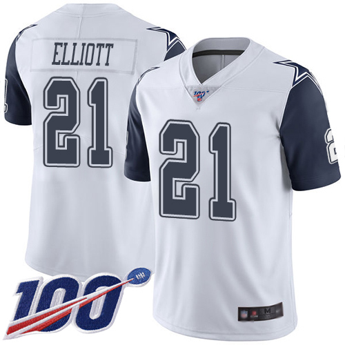 Cowboys #21 Ezekiel Elliott White Youth Stitched Football Limited Rush 100th Season Jersey