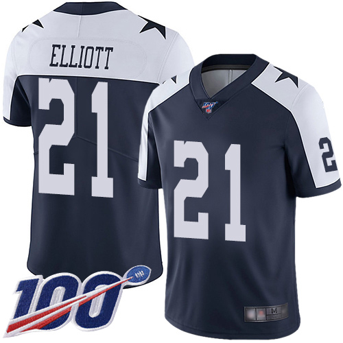 Cowboys #21 Ezekiel Elliott Navy Blue Thanksgiving Youth Stitched Football 100th Season Vapor Throwback Limited Jersey