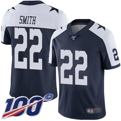 Cowboys #22 Emmitt Smith Navy Blue Thanksgiving Youth Stitched Football 100th Season Vapor Throwback Limited Jersey