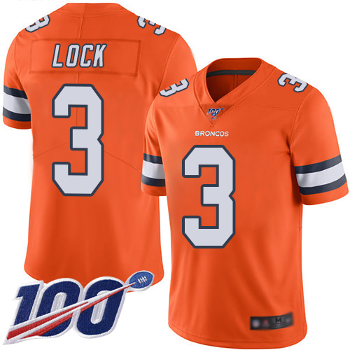 Broncos #3 Drew Lock Orange Youth Stitched Football Limited Rush 100th Season Jersey