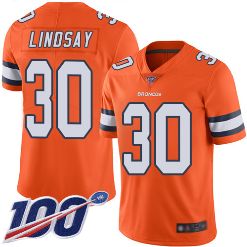 Broncos #30 Phillip Lindsay Orange Youth Stitched Football Limited Rush 100th Season Jersey