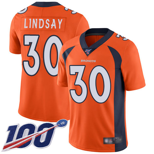 Broncos #30 Phillip Lindsay Orange Team Color Youth Stitched Football 100th Season Vapor Limited Jersey