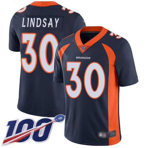 Broncos #30 Phillip Lindsay Navy Blue Alternate Youth Stitched Football 100th Season Vapor Limited Jersey