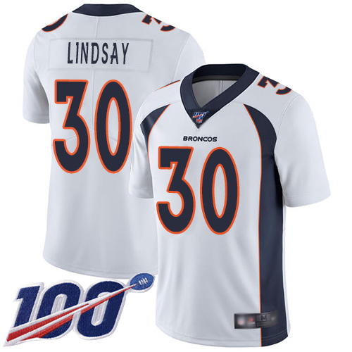 Broncos #30 Phillip Lindsay White Youth Stitched Football 100th Season Vapor Limited Jersey