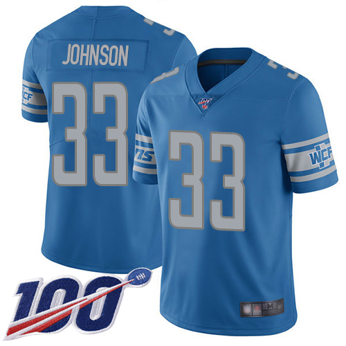Lions #33 Kerryon Johnson Blue Team Color Youth Stitched Football 100th Season Vapor Limited Jersey