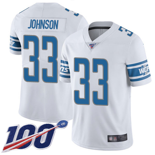 Lions #33 Kerryon Johnson White Youth Stitched Football 100th Season Vapor Limited Jersey