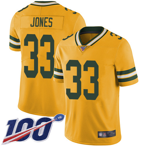Packers #33 Aaron Jones Yellow Youth Stitched Football Limited Rush 100th Season Jersey