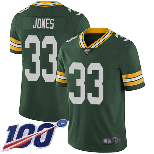 Packers #33 Aaron Jones Green Team Color Youth Stitched Football 100th Season Vapor Limited Jersey