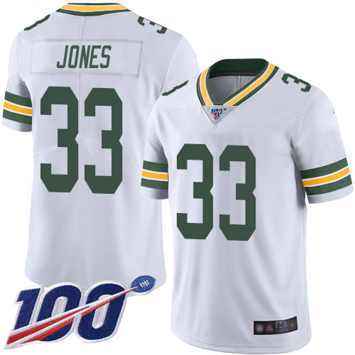 Packers #33 Aaron Jones White Youth Stitched Football 100th Season Vapor Limited Jersey