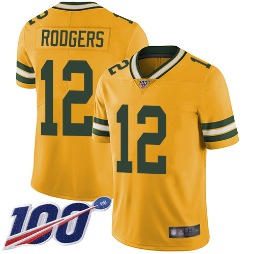 Packers #12 Aaron Rodgers Yellow Youth Stitched Football Limited Rush 100th Season Jersey