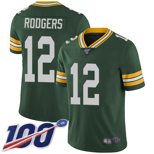 Packers #12 Aaron Rodgers Green Team Color Youth Stitched Football 100th Season Vapor Limited Jersey