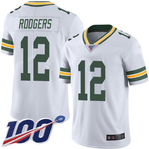 Packers #12 Aaron Rodgers White Youth Stitched Football 100th Season Vapor Limited Jersey