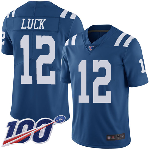 Colts #12 Andrew Luck Royal Blue Youth Stitched Football Limited Rush 100th Season Jersey