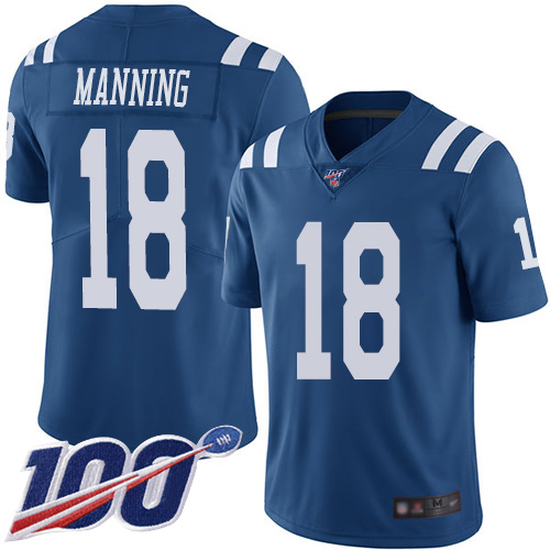 Colts #18 Peyton Manning Royal Blue Youth Stitched Football Limited Rush 100th Season Jersey