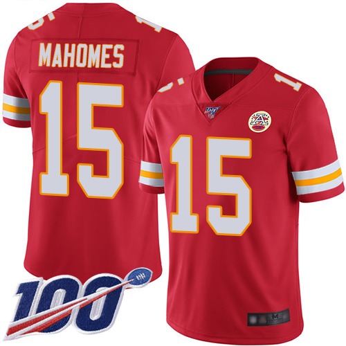 #15 Patrick Mahomes Red Team Color Youth Stitched Football 100th Season Vapor Limited Jersey
