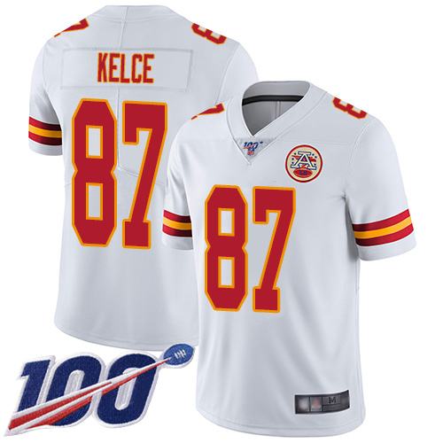 Chiefs #87 Travis Kelce White Youth Stitched Football 100th Season Vapor Limited Jersey