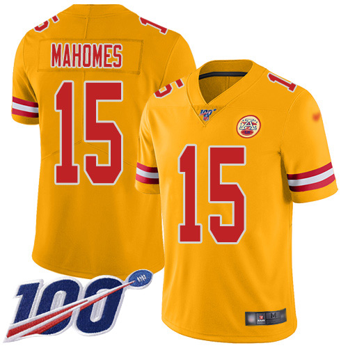 Chiefs #15 Patrick Mahomes Gold Youth Stitched Football Limited Inverted Legend 100th Season Jersey