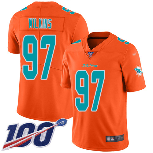 Dolphins #97 Christian Wilkins Orange Youth Stitched Football Limited Inverted Legend 100th Season Jersey Dolphins #97 Christian Wilkins Orange Youth Stitched Football Limited Inverted Legend 100th Season Jersey