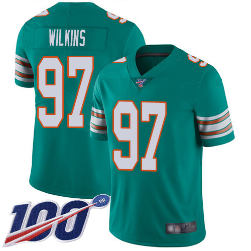 Dolphins #97 Christian Wilkins Aqua Green Alternate Youth Stitched Football 100th Season Vapor Limited Jersey