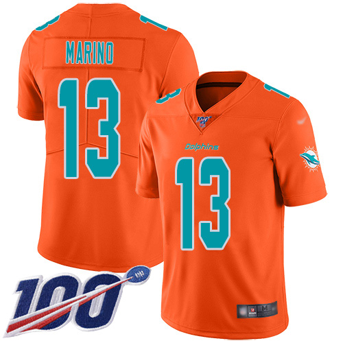Dolphins #13 Dan Marino Orange Youth Stitched Football Limited Inverted Legend 100th Season Jersey