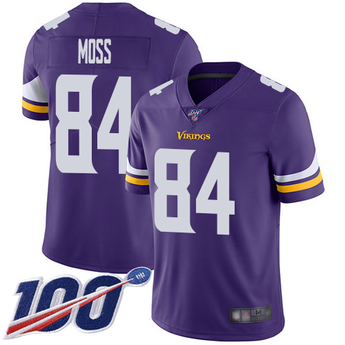 Vikings #84 Randy Moss Purple Team Color Youth Stitched Football 100th Season Vapor Limited Jersey