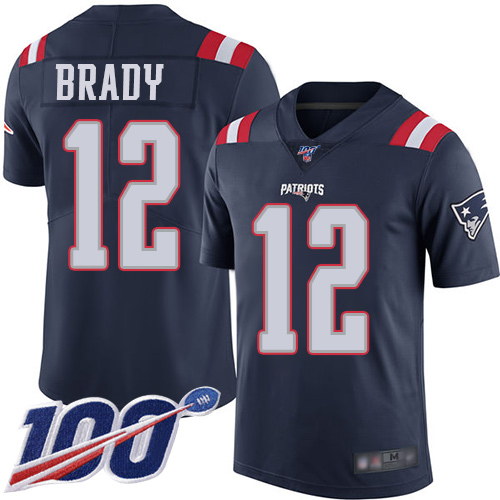 Patriots #12 Tom Brady Navy Blue Youth Stitched Football Limited Rush 100th Season Jersey