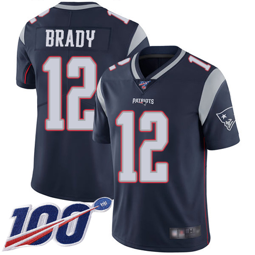 Patriots #12 Tom Brady Navy Blue Team Color Youth Stitched Football 100th Season Vapor Limited Jersey