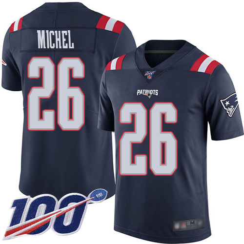 Patriots #26 Sony Michel Navy Blue Youth Stitched Football Limited Rush 100th Season Jersey